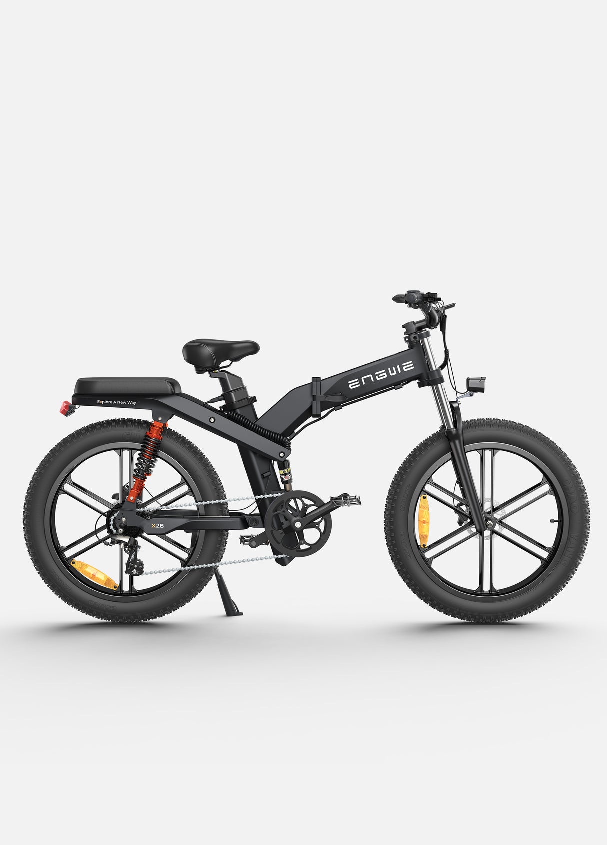 a black engwe x26 foldable full suspension electric mountain bike