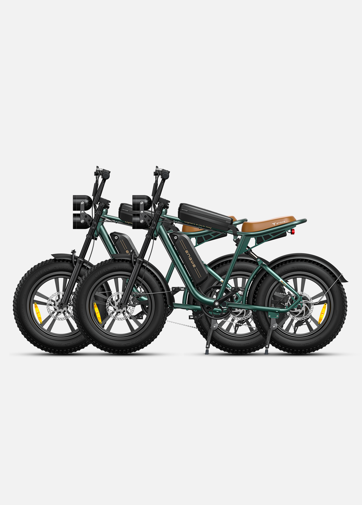 2 green dual battery engwe m20 e-bikes