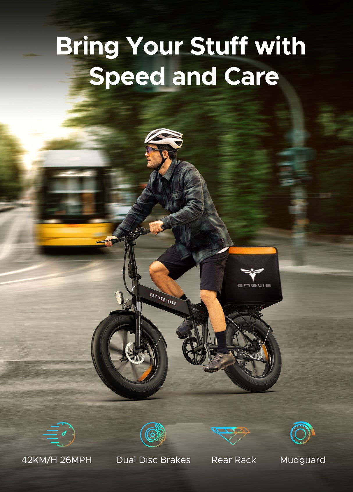 a man rides a black ep-2 pro with a bag