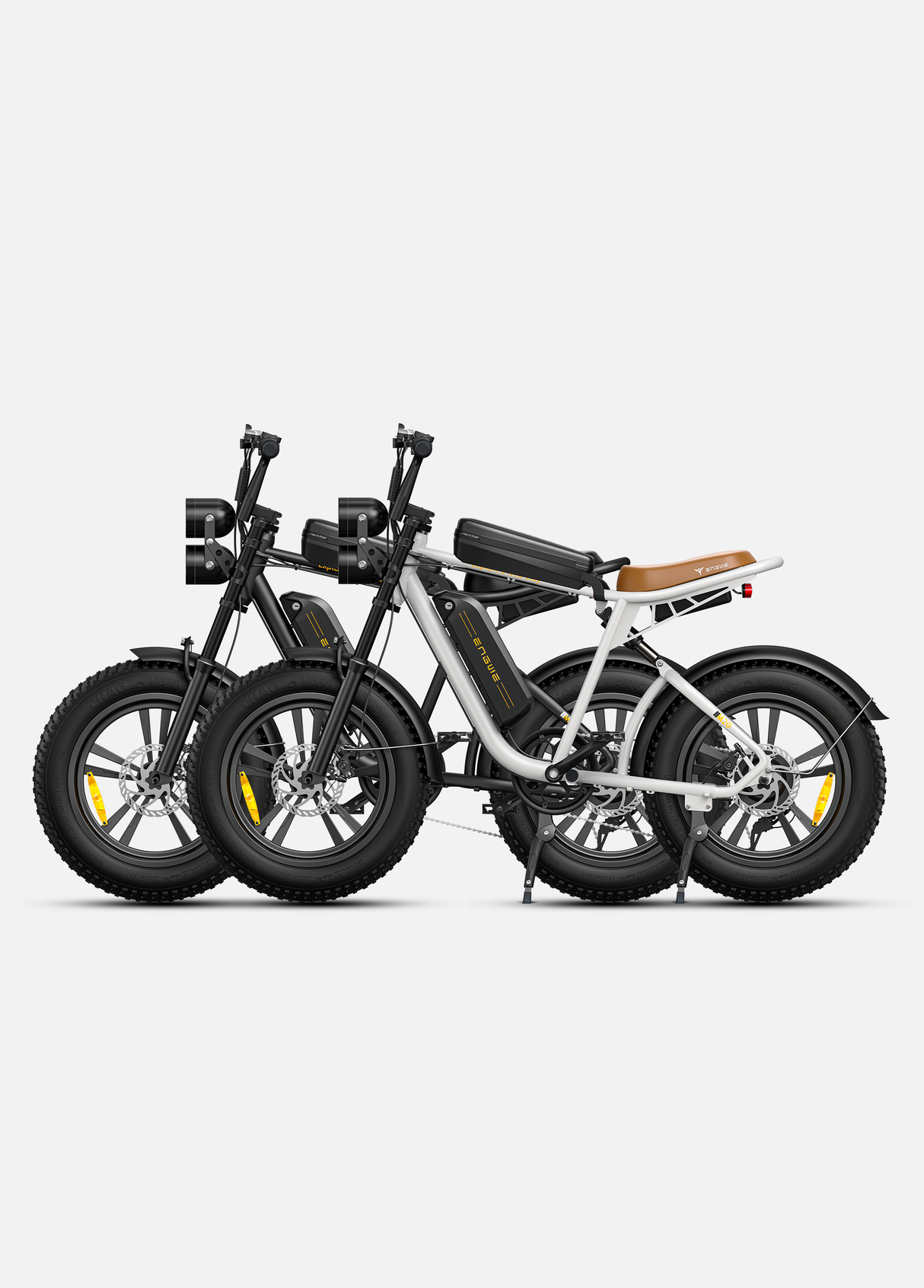a black and a white engwe m20 e-bikes