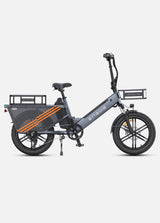 a grey engwe le20 electric bike for family with bike baskets in the front and rear