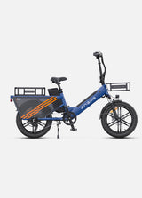 a blue engwe le20 electric delivery bike with baskets for back and front of bike