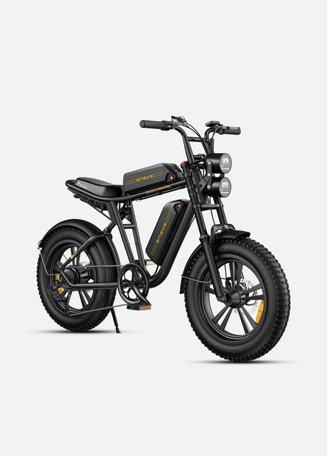a black engwe m20 moped-style e-bike with dual batteries