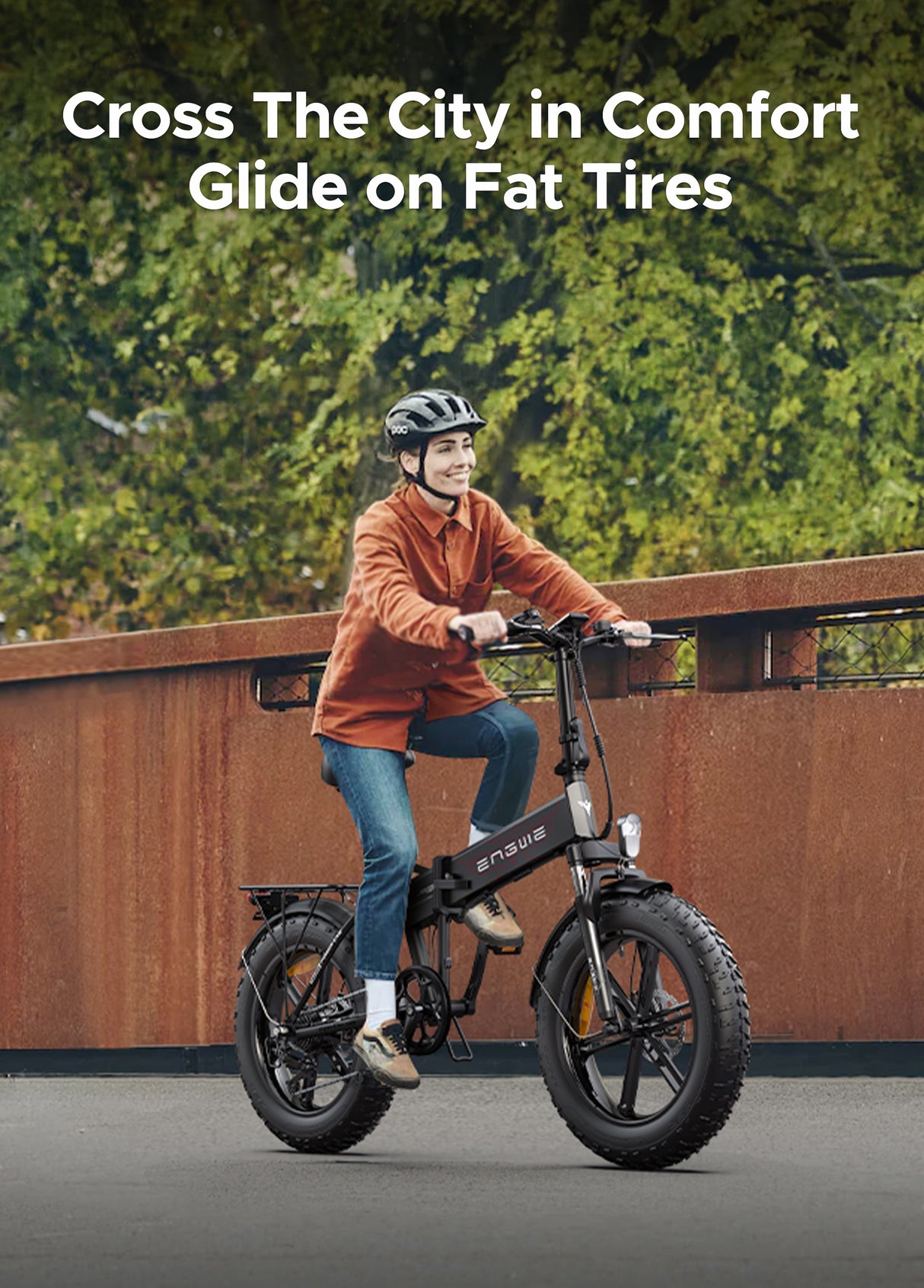 a woman rides a black engwe ep-2 pro on the road